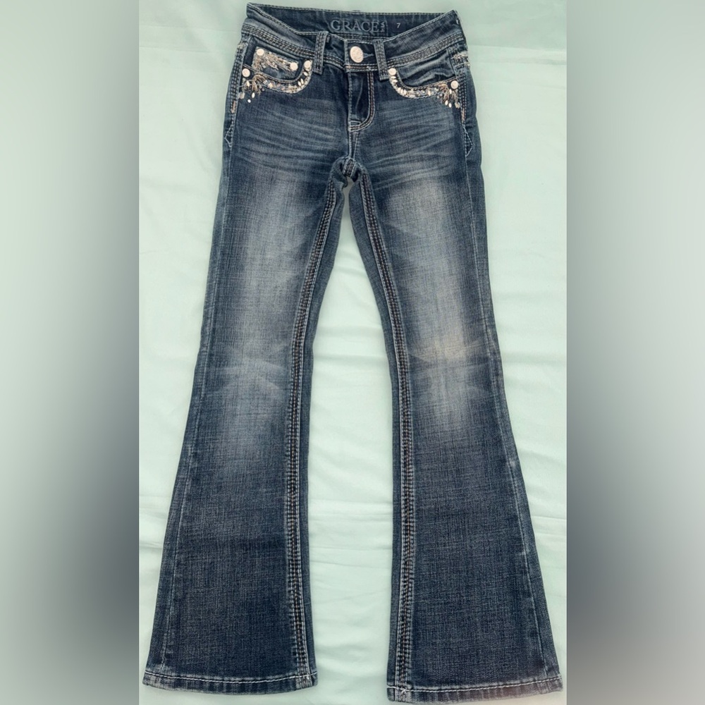Grace Girls Dark Wash Bootcut Jeans with Rhinestone Accent